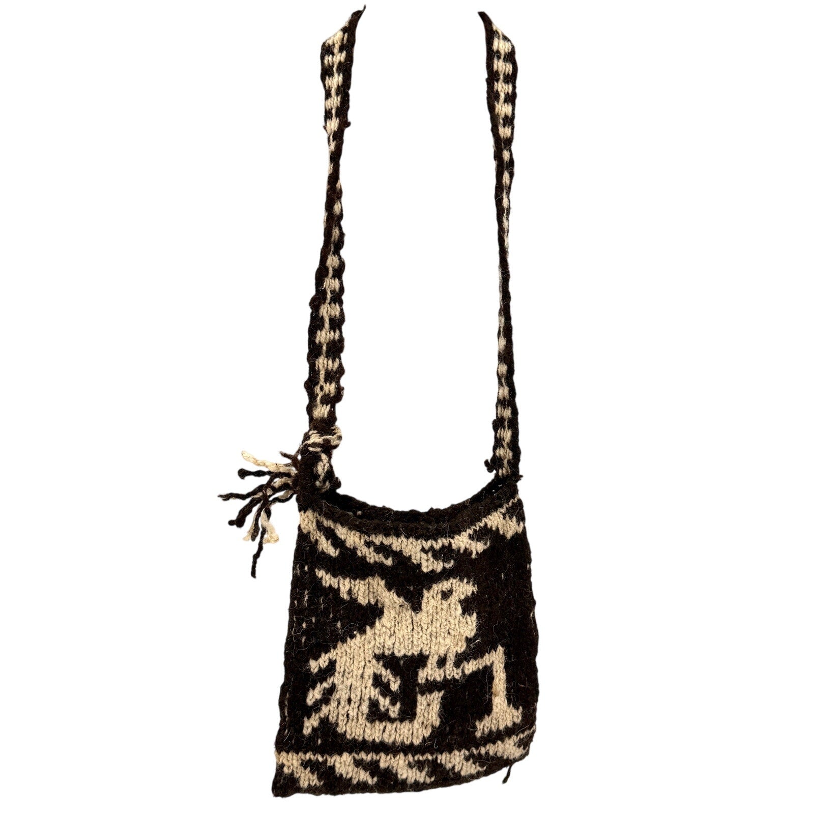 Vintage 70s Small Dark Brown & Cream 100% Wool Bird Motif Peruvian Purse