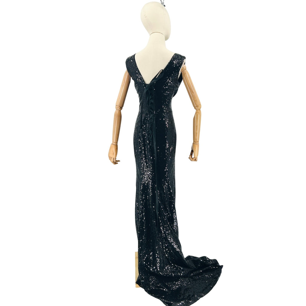 Y2K Black Sequin Sexy Satin Lace-Up Corset Back Evening Gown