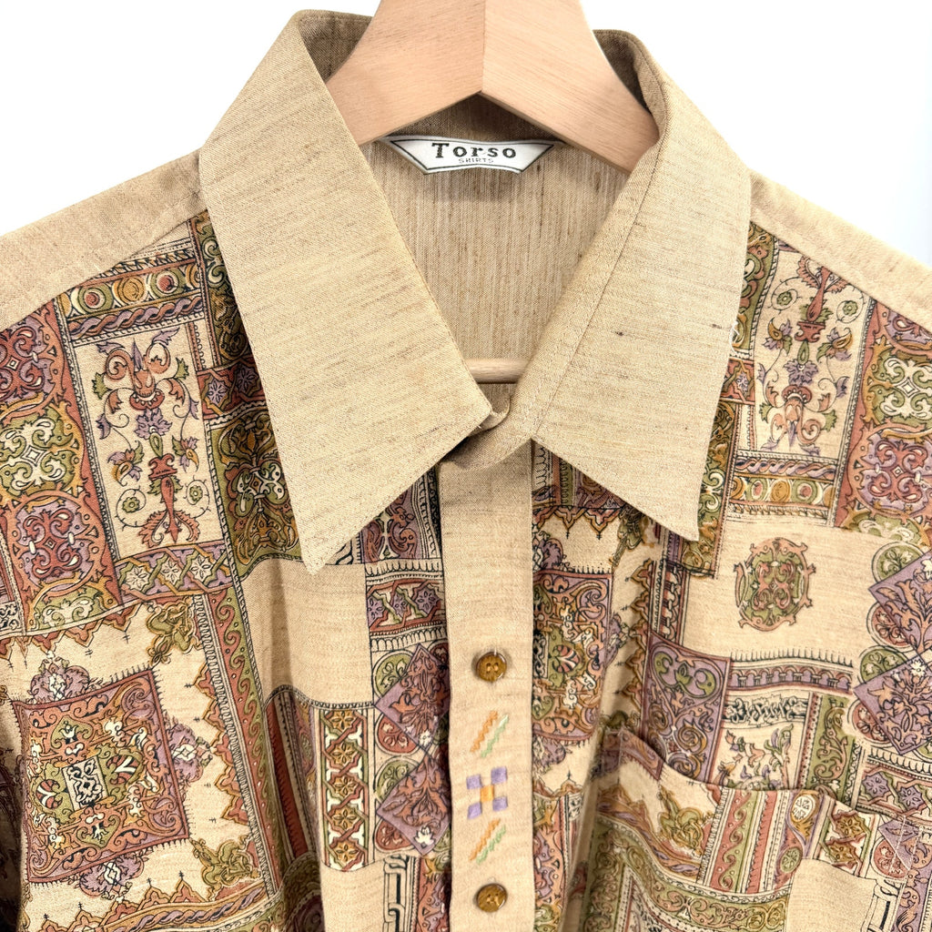 Vintage 90s Torso Bronze Tan Tapestry Print Embroidered Shirt