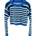 Vintage 90s Hand Knit Heavy Blue Green Striped Crochet Knit Crop Sweater