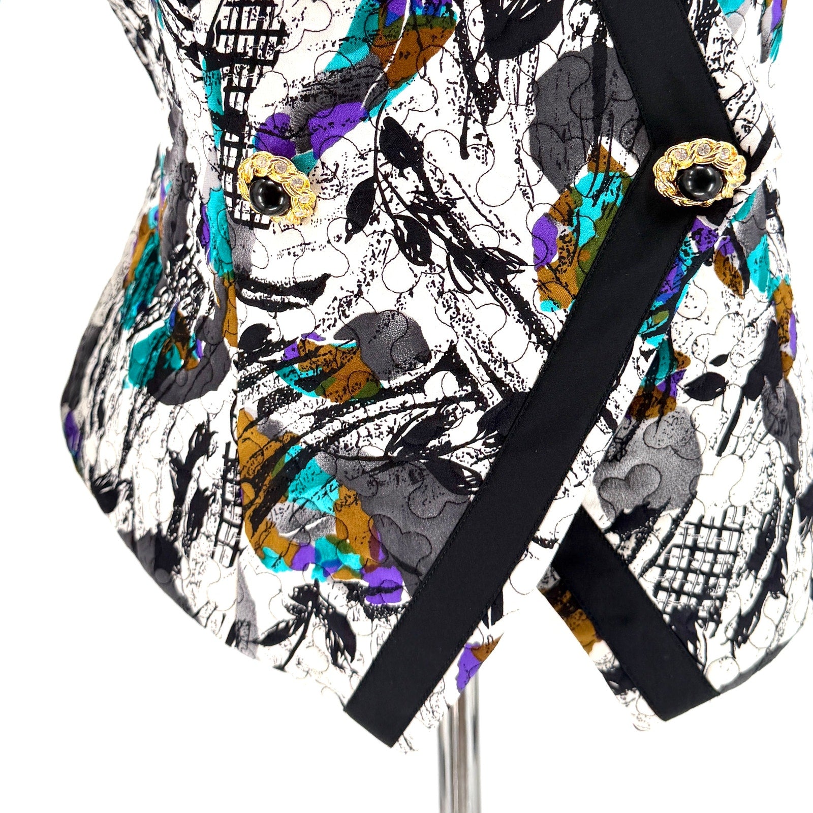Vintage 80s Liz Elana White Black Abstract 100% Silk Quilted Peplum Jacket