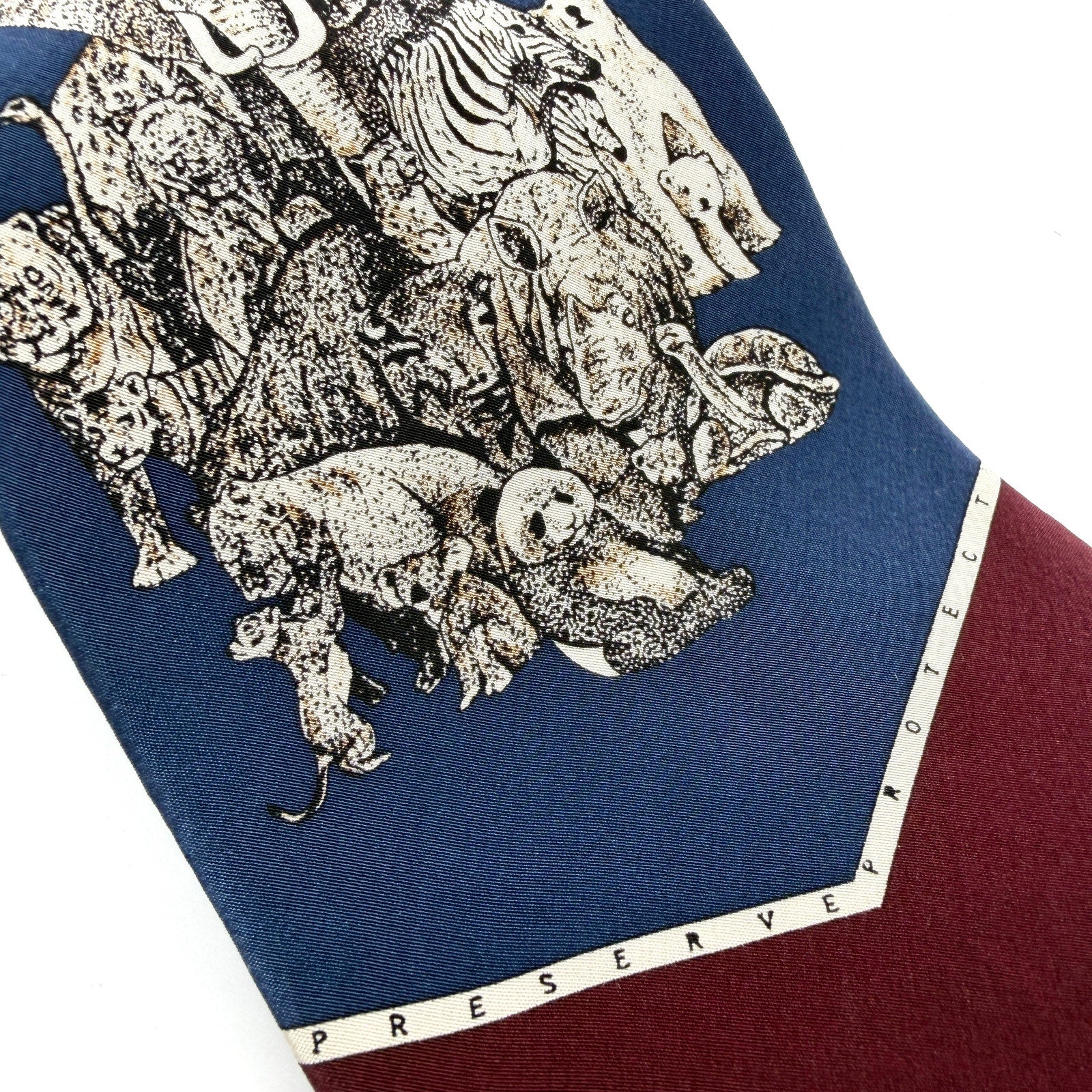 Vintage 90s World Wildlife Fund Silk Navy Elephant Panda Necktie