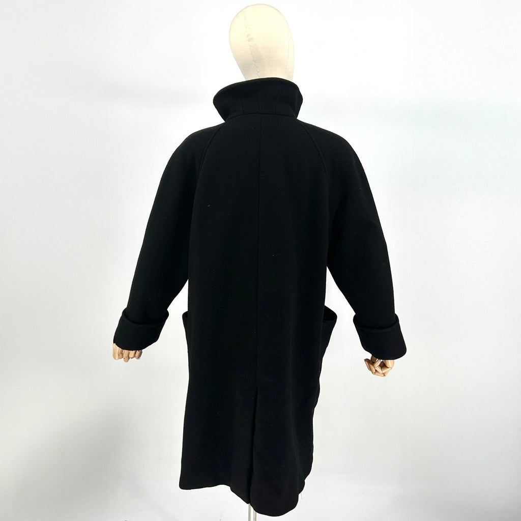 Vintage 80s Black Wool Blend Double Breasted Shoulder Pad Swing Coat