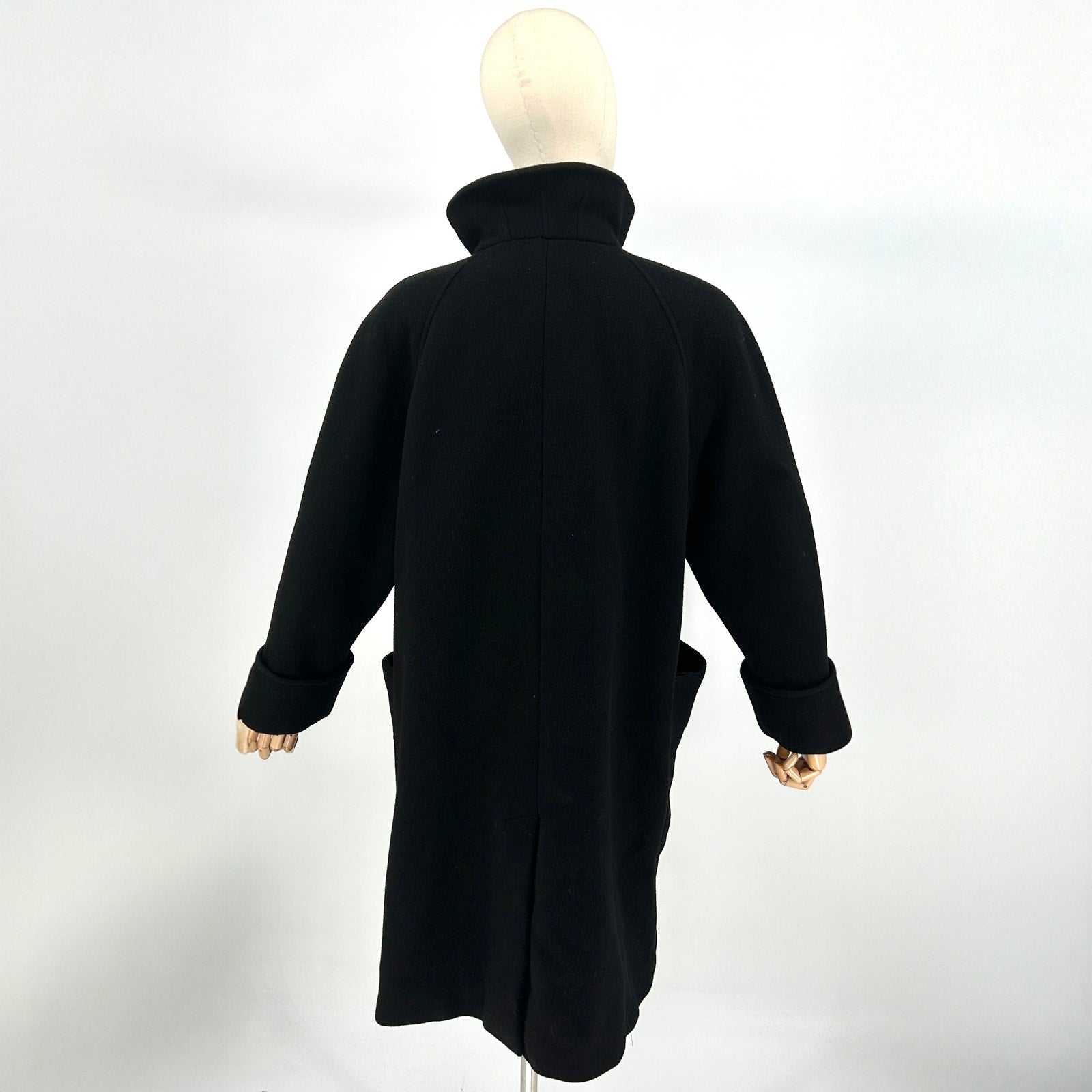 Vintage 80s Black Wool Blend Double Breasted Shoulder Pad Swing Coat