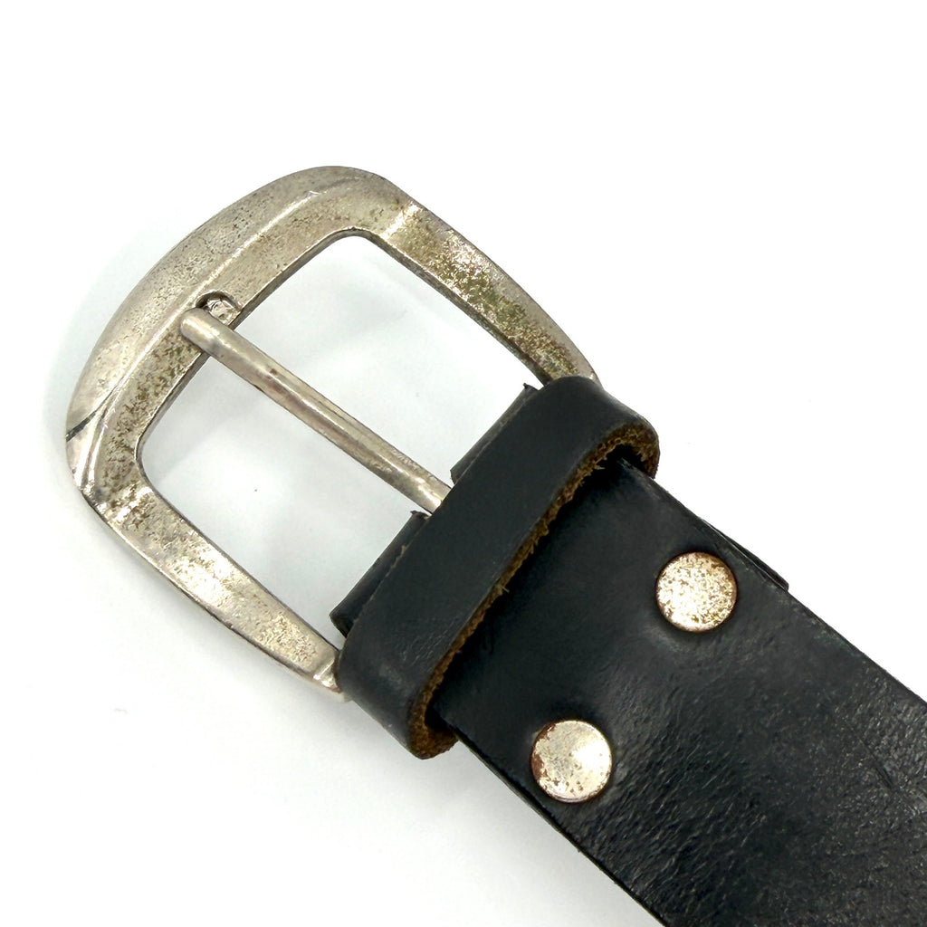 Vintage 90s Black Genuine Leather Aztec Red Blue Stitch Geometric Buckle Belt