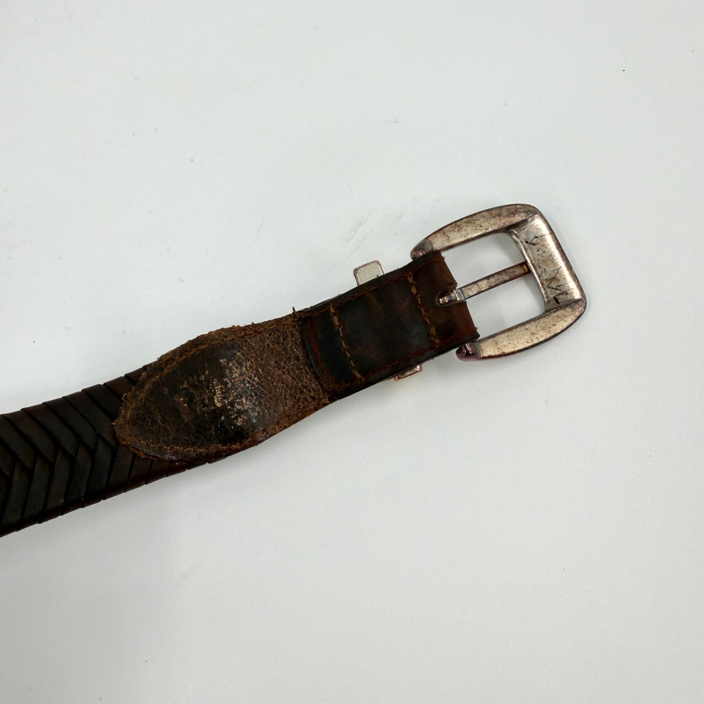Vintage 90s Brown Genuine Leather Western Woven Silver Tip Belt