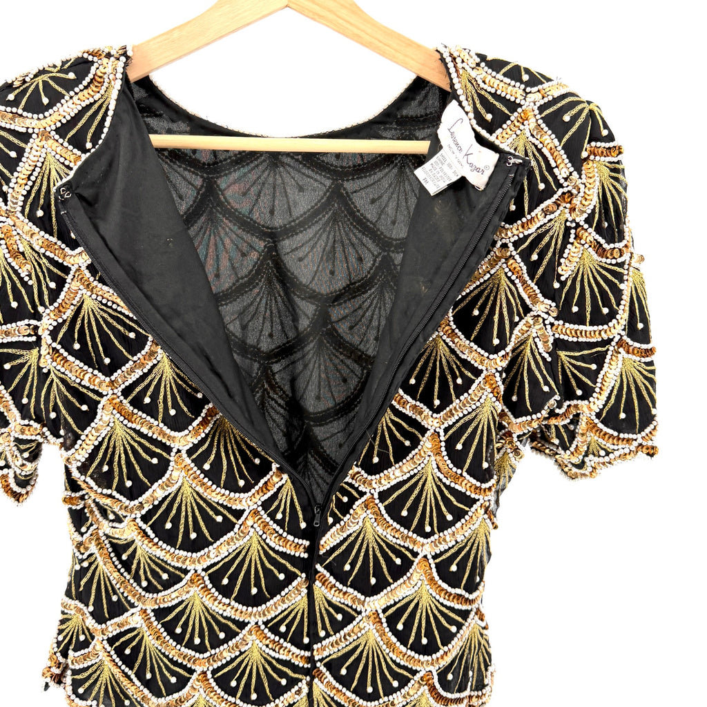 Vintage 80s Laurence Kazar Black 100% Silk Beaded Gold Sequin Pearl Glam Top