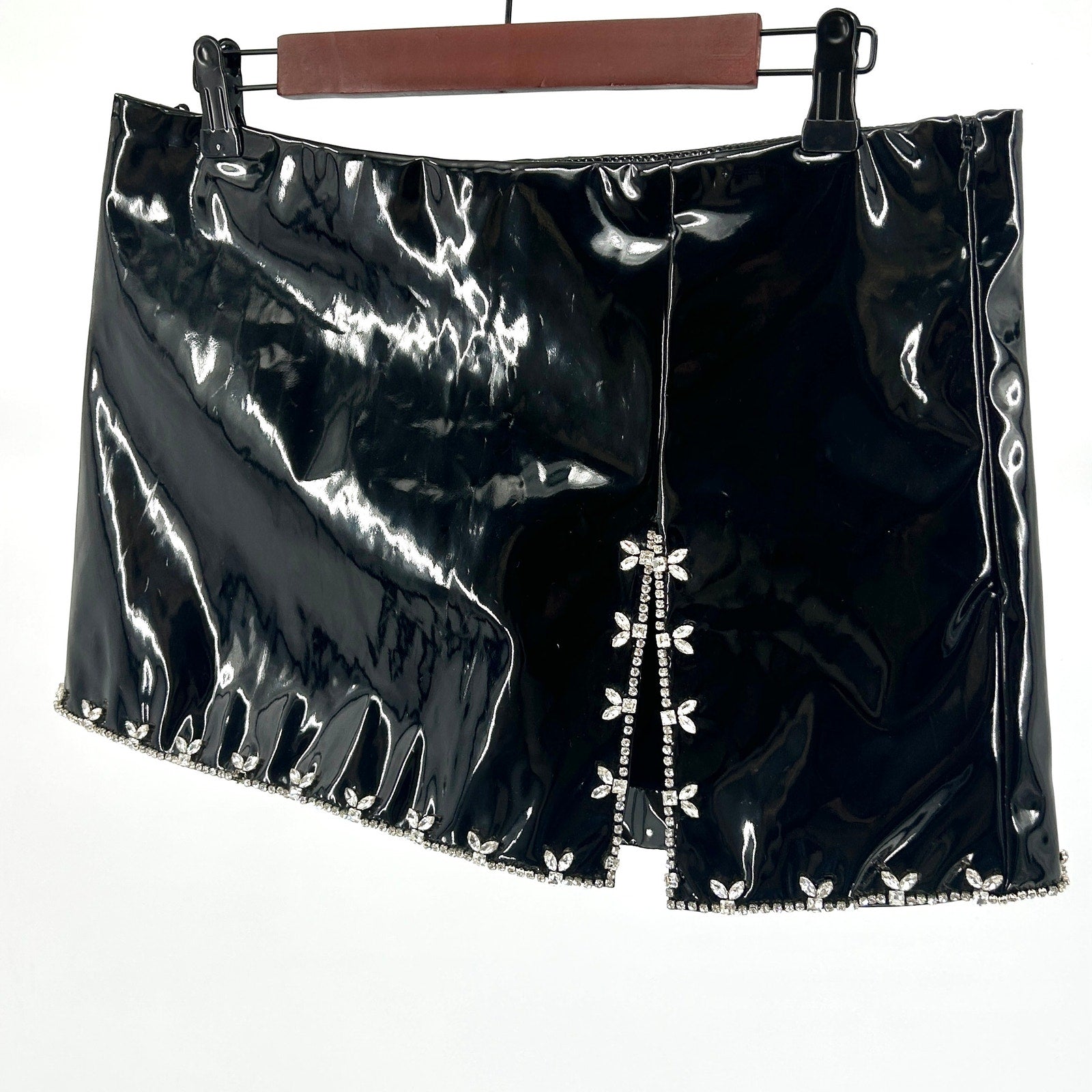 NWT DES PHEMMES Black Vinyl Crystal Embellished Micro Mini Skirt