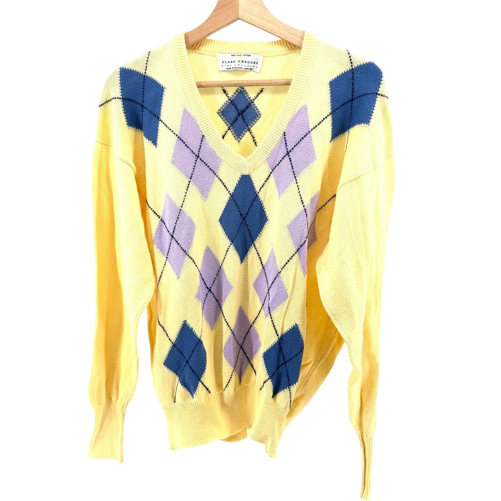 Vintage 90s Clark & Gregory Yellow 100% Cotton Argyle Knit Sweater