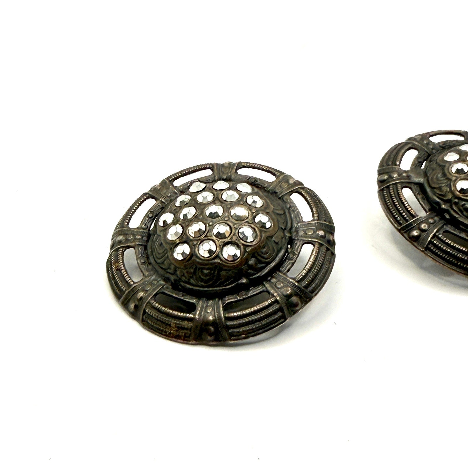 Vintage 80s Bronze Tone Rhinestone Openwork Dome Clip On Earrings