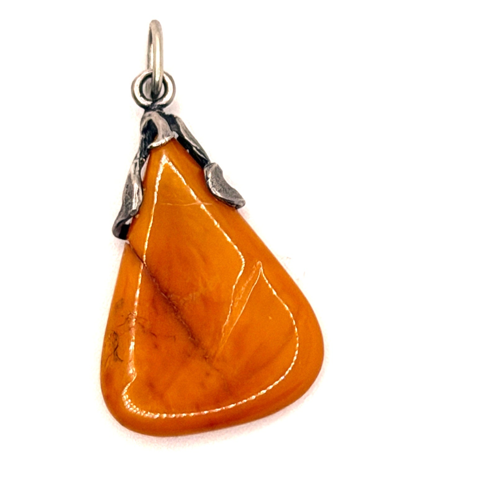 Vintage Orange Butterscotch Amber Sterling Silver Teardrop Pendant