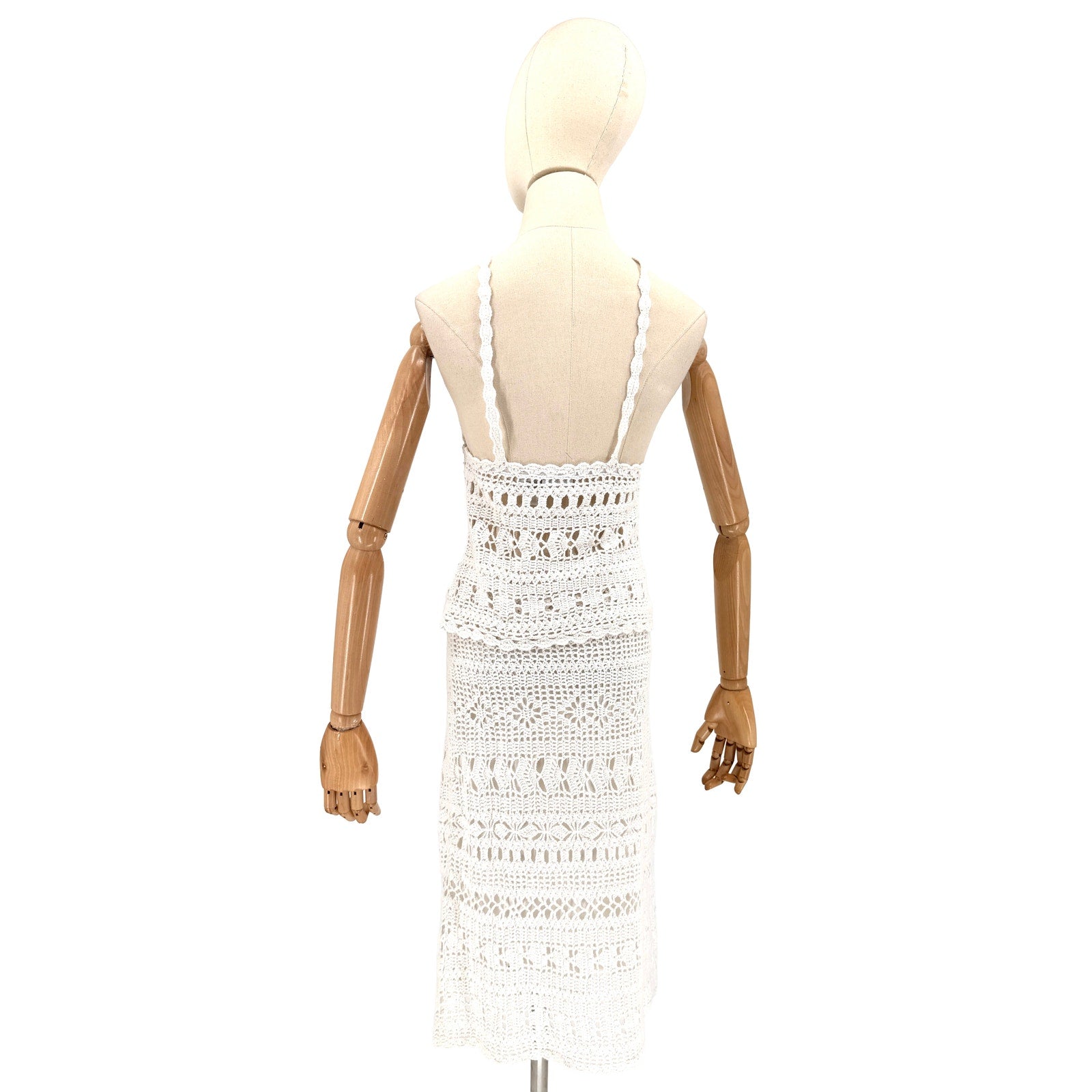 Vintage Y2K Newport News White Ramie Cotton Crochet Bralette Skirt Two Piece Set