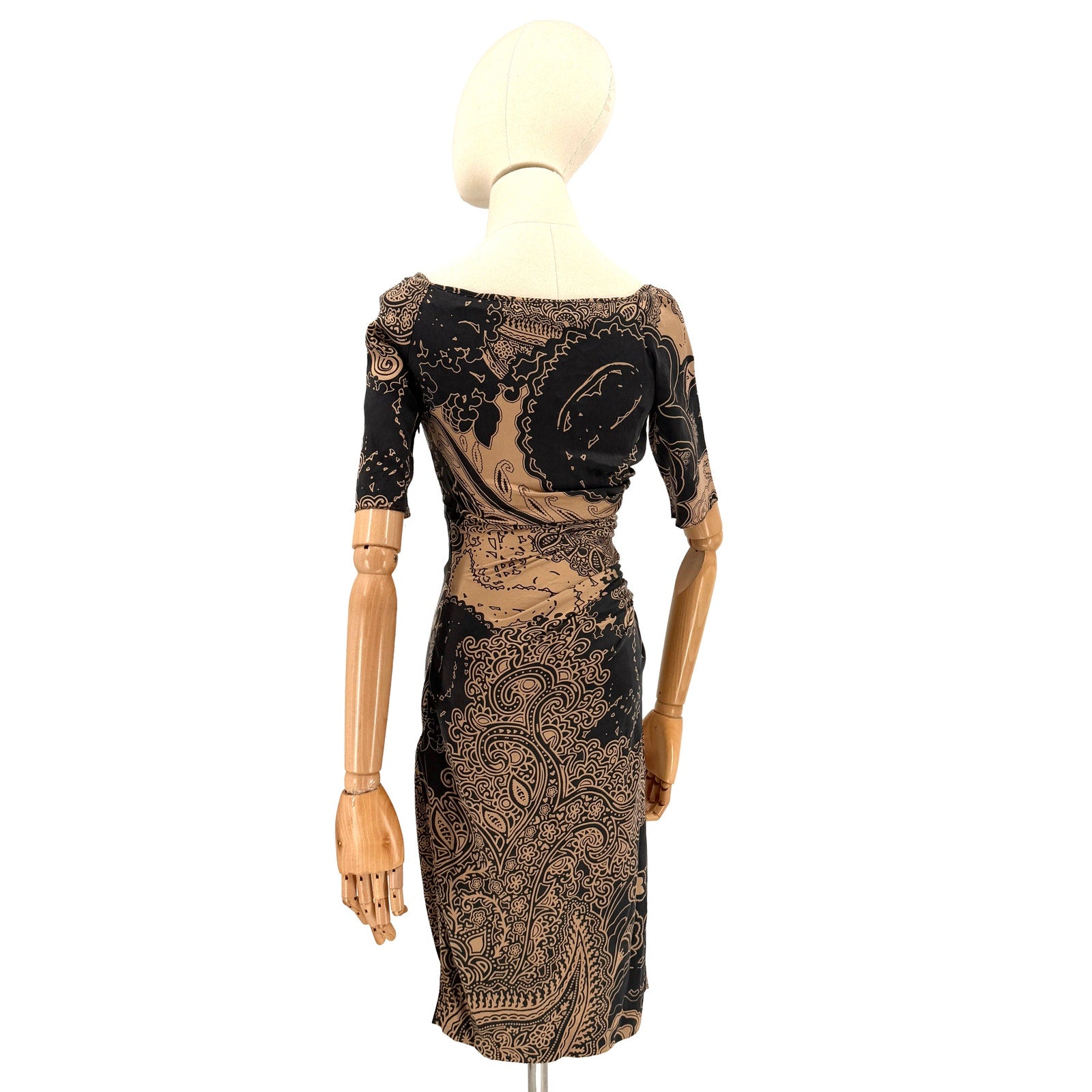 Vintage Y2K Etro Black Copper Silk Stretch Ruched Paisley Sheath Dress
