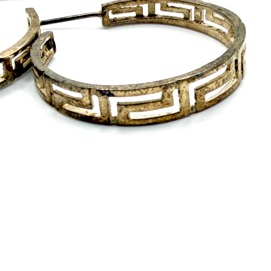 Vintage 90s Sterling Silver Greek Key Cutout Open Hoop Earrings