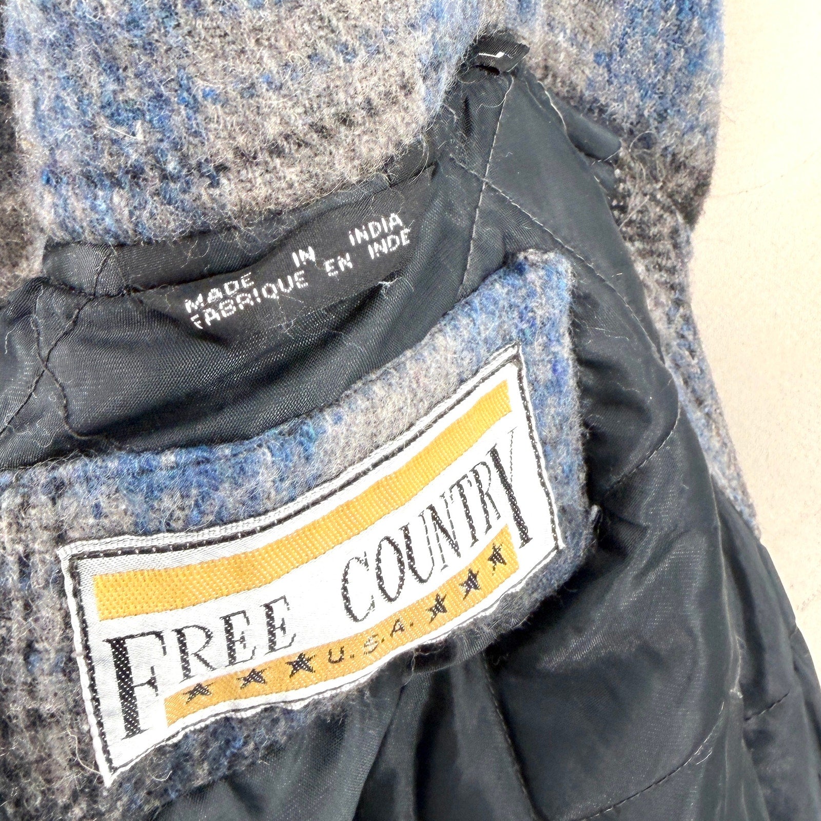 Vintage 90s Free Country Blue Gray Plaid Hooded Blanket Jacket