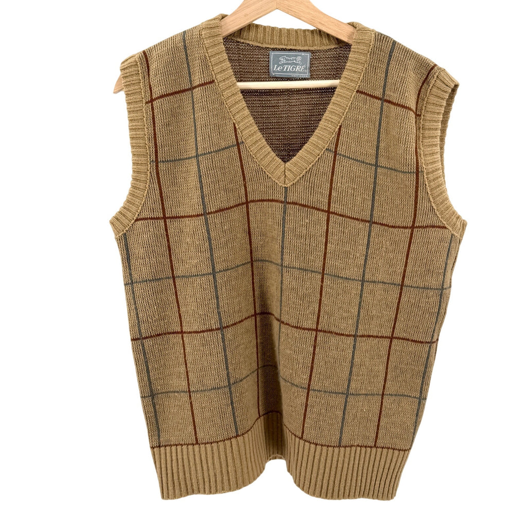 Vintage 80s Le Tigre Tan Plaid Prep V-Neck Sweater Vest