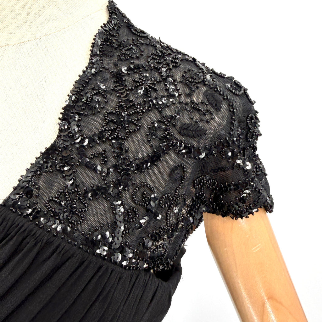 Vintage Y2K Tadashi Collection Black 100% Silk Beaded Vamp Goth Glam Gown