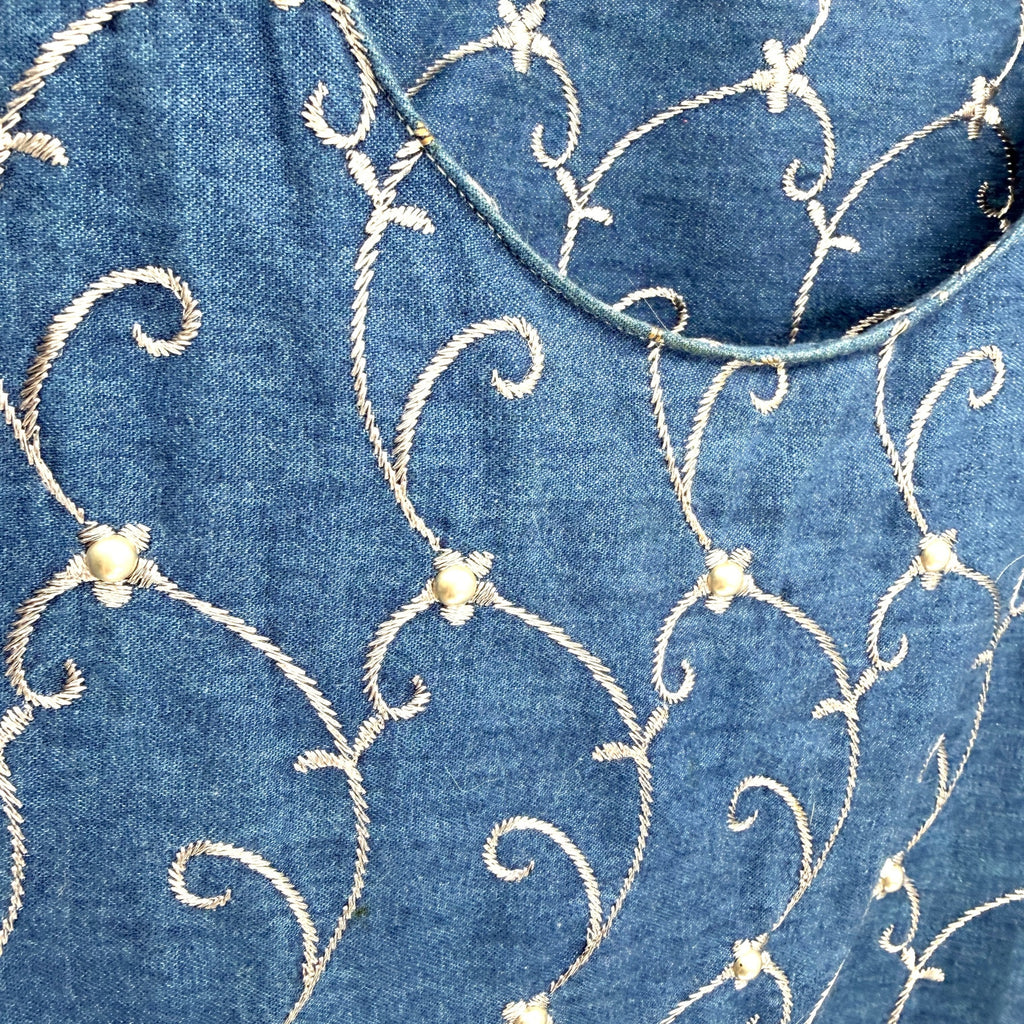 Vintage 90s Double D Ranch Blue 100% Cotton Denim Embroidered Peasant Maxi Dress