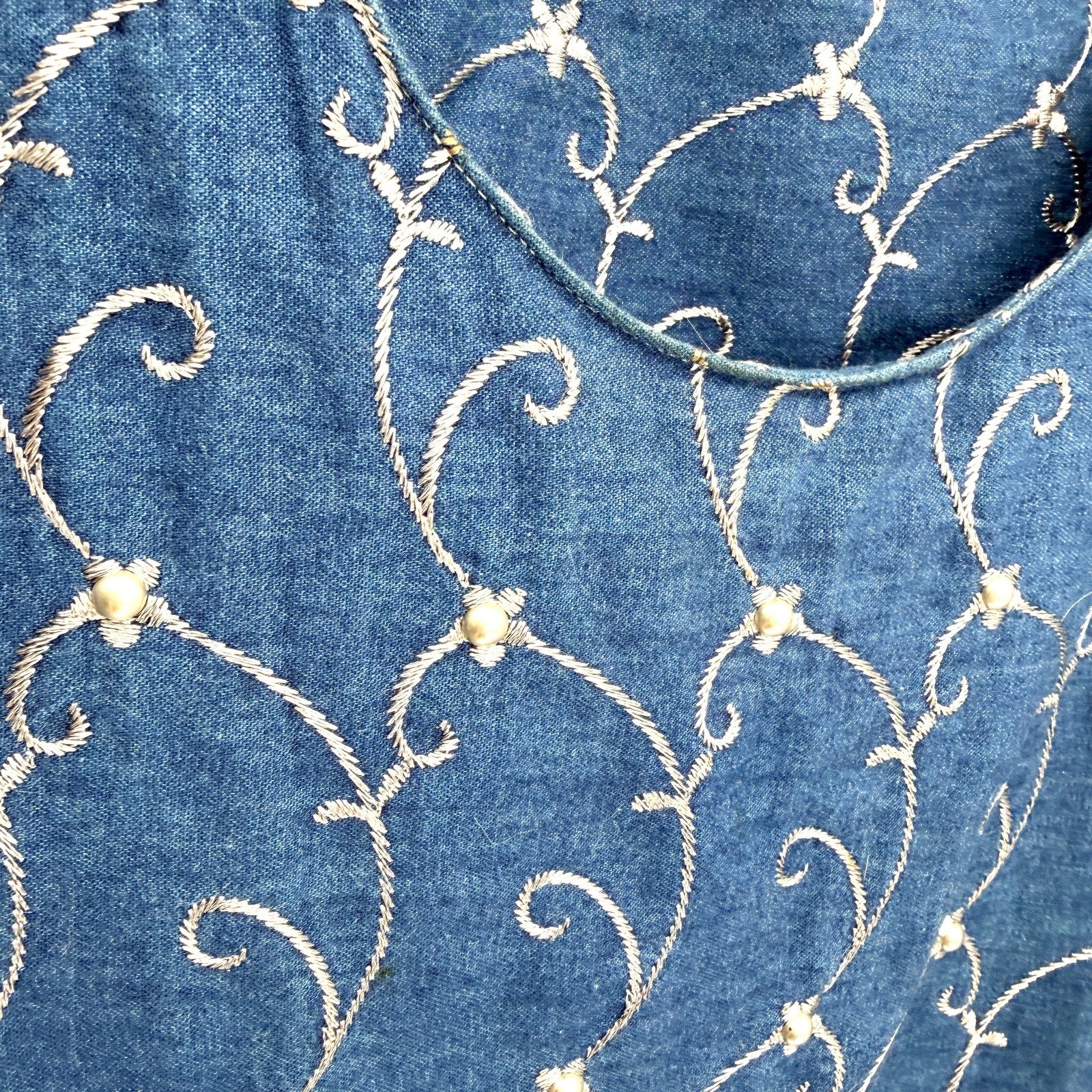 Vintage 90s Double D Ranch Blue 100% Cotton Denim Embroidered Peasant Maxi Dress