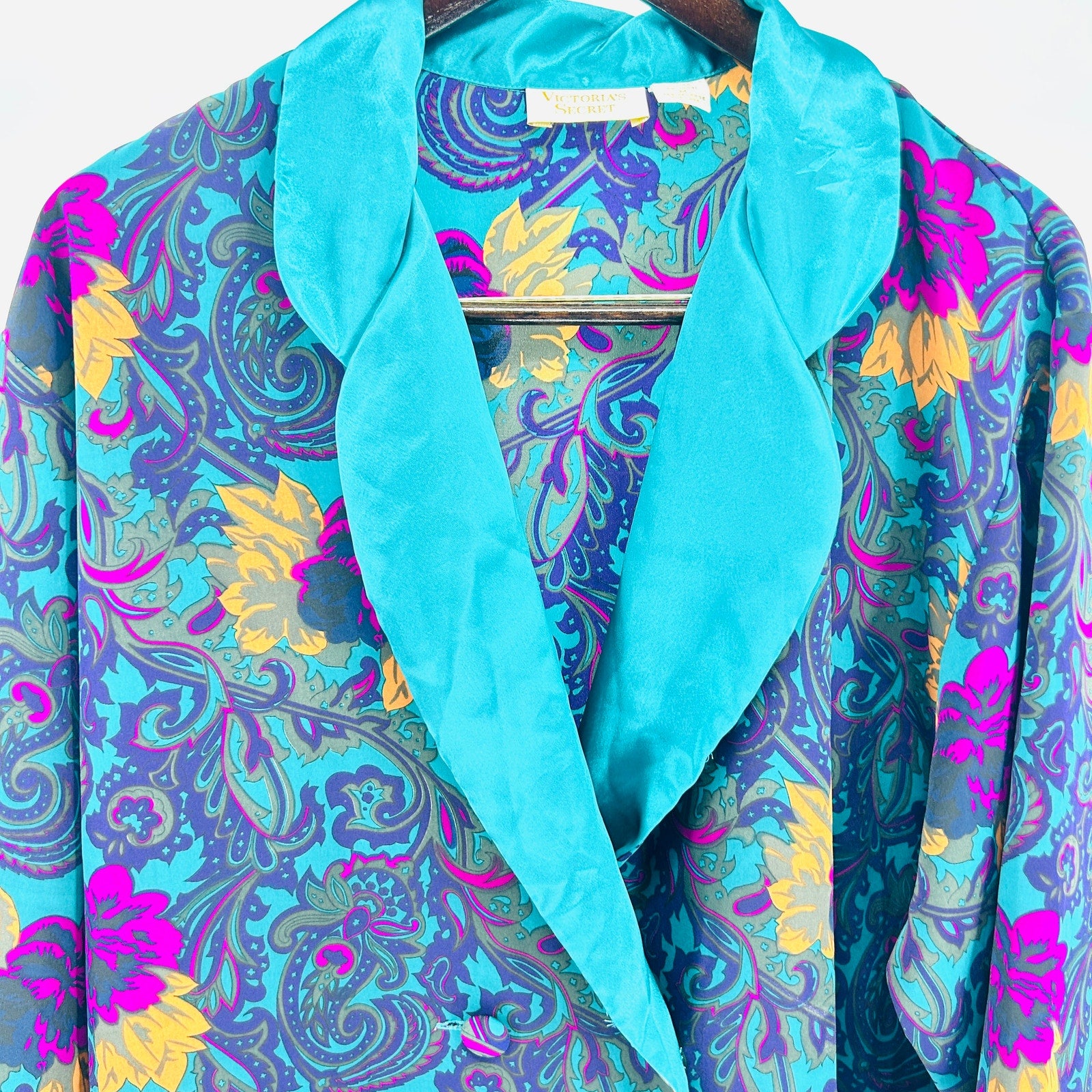 Vintage 90s Victoria's Secret Teal Floral Satin Lapel Sleepwear Robe