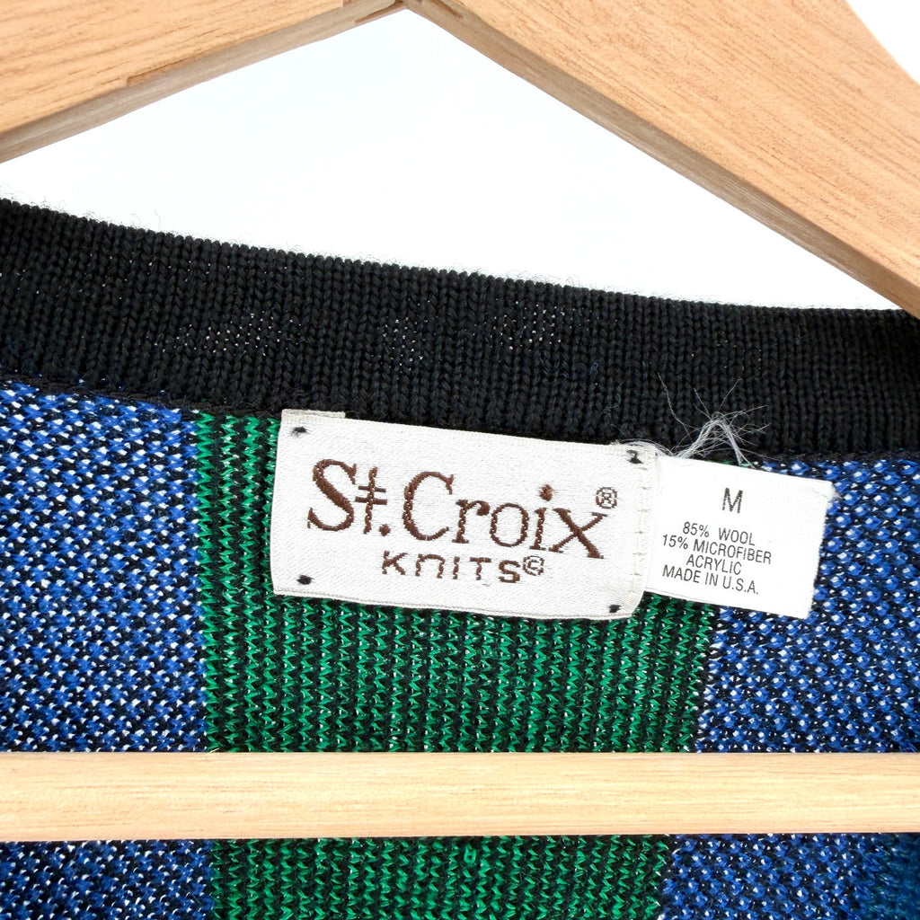 Vintage 90s St. Croix Knits Blue Green Textured Stripe V-Neck Sweater