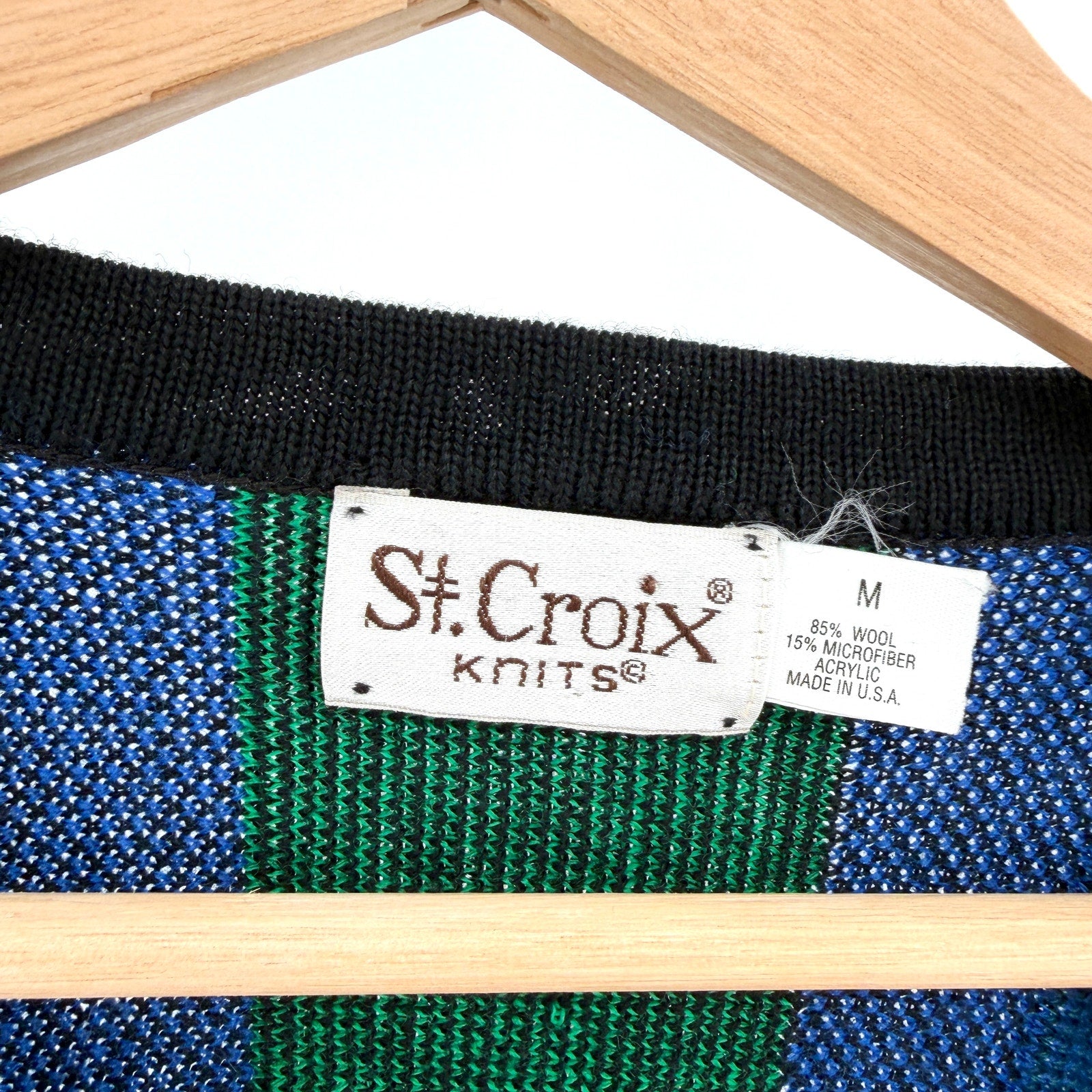 Vintage 90s St. Croix Knits Blue Green Textured Stripe V-Neck Sweater
