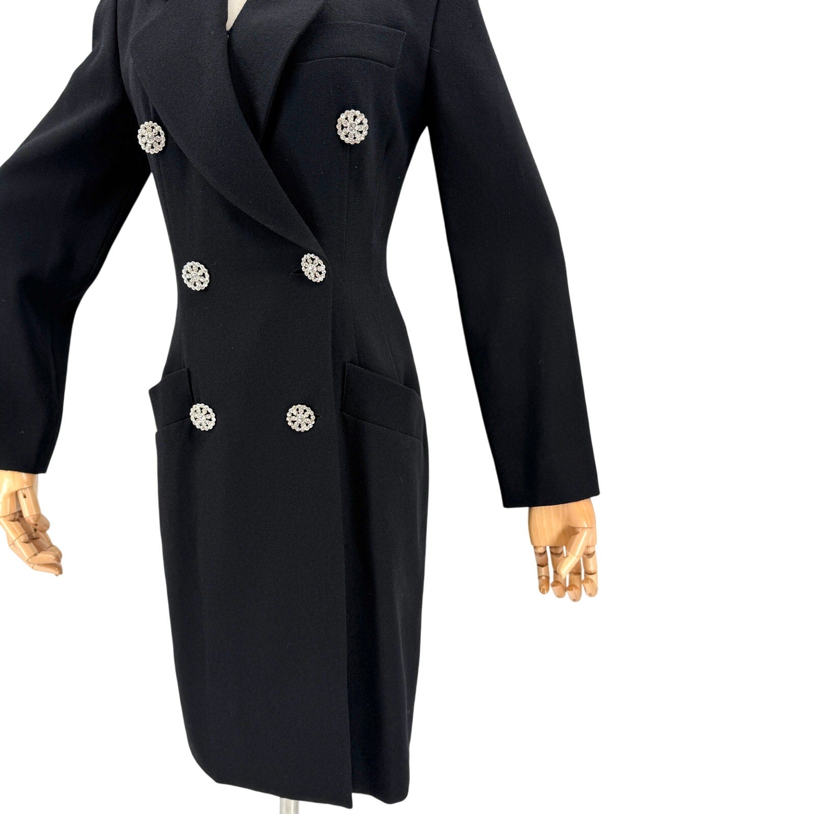 Vintage 90s Jaeger Black 100% Wool Rhinestone Button Wrap Coat Dress