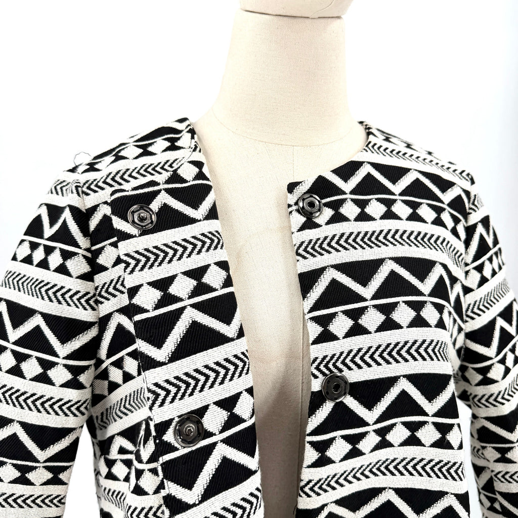 Hope Black White Aztec Tribal Geometric Snap Front Collarless Jacket