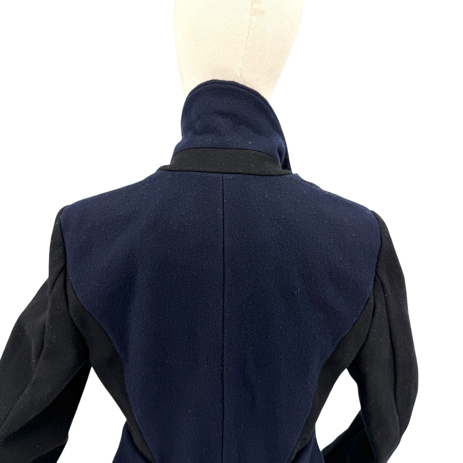 Marchesa Voyage Black Navy Blue Wool Blend Snap Overcoat Jacket