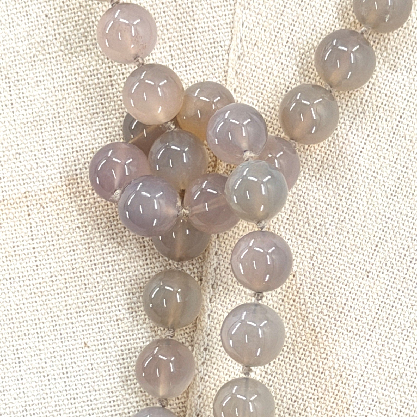 Vintage 90s Rose Quartz Onyx Grey Agate Hand Knotted Lariat Statement Necklace