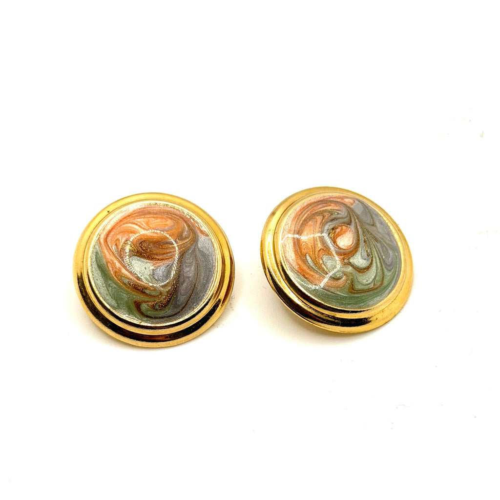 Vintage 80s Gold Handpainted Enamel Swirl Chunky Statement Stud Earrings