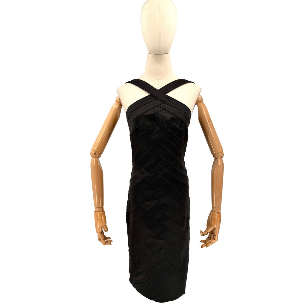 Vintage 90s Tadashi Black Satin Halter Neck Bodycon Bandage Midi Dress