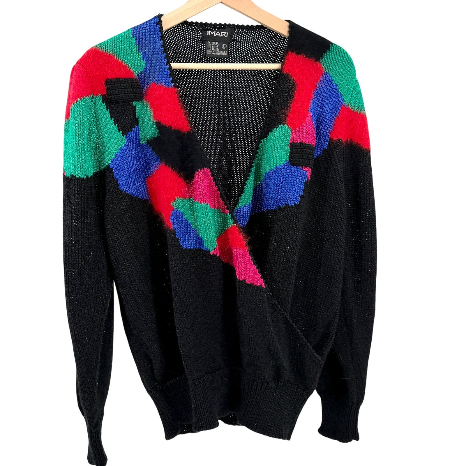 Vintage 80s Imari Black Geometric Black Color Block Wrap Knit Sweater