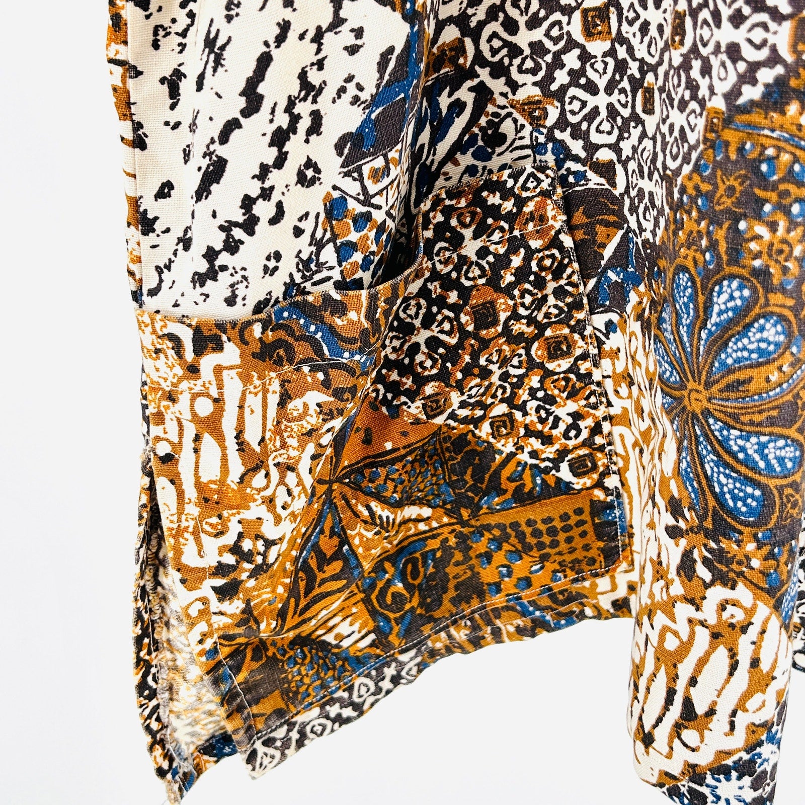 Vintage 70s Handmade Brown Patchwork Cotton Batik Short Sleeve Dashiki Shirt