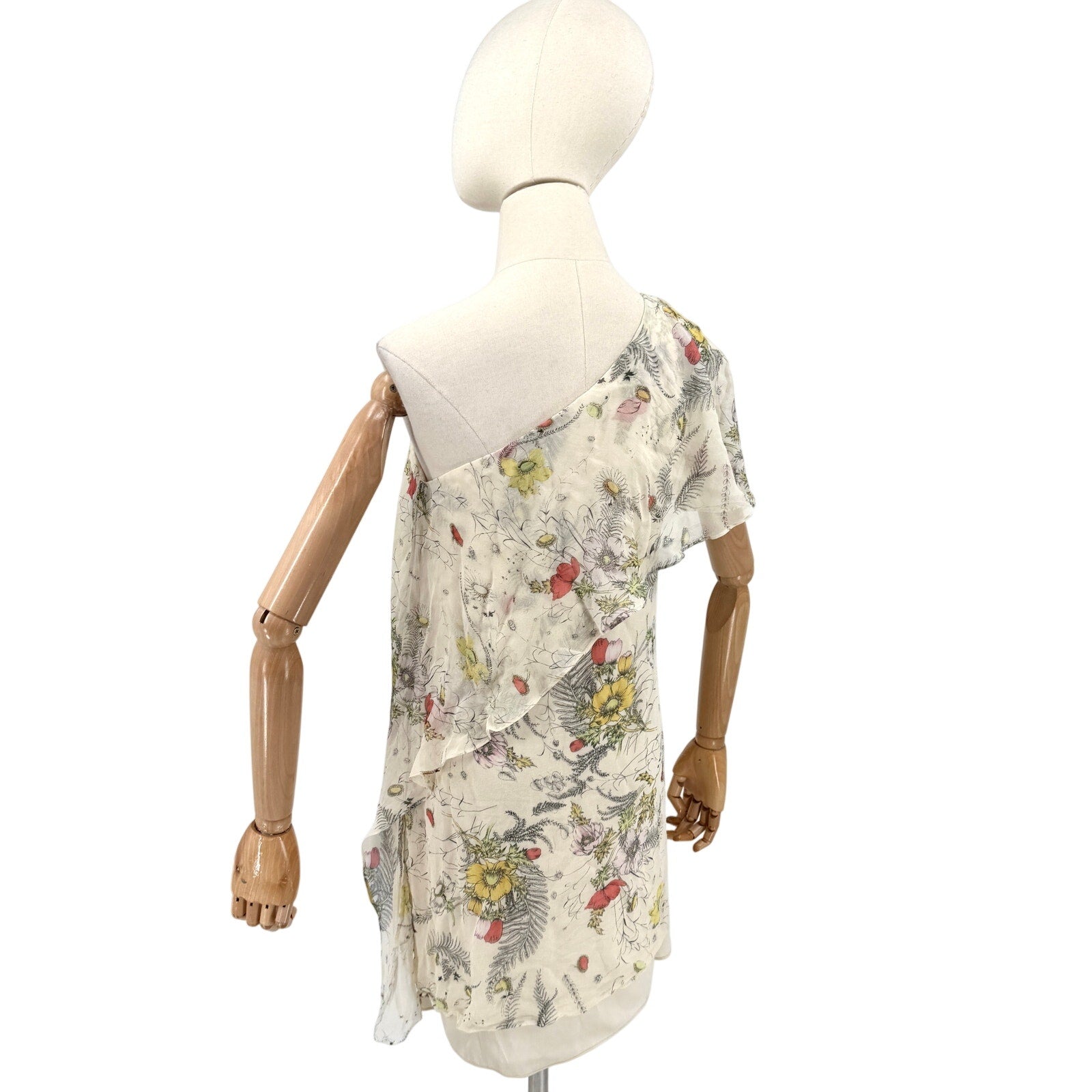 Haute Hippie Cream Floral 100% Silk Asymmetrical Ruffle One Shoulder Mini Dress