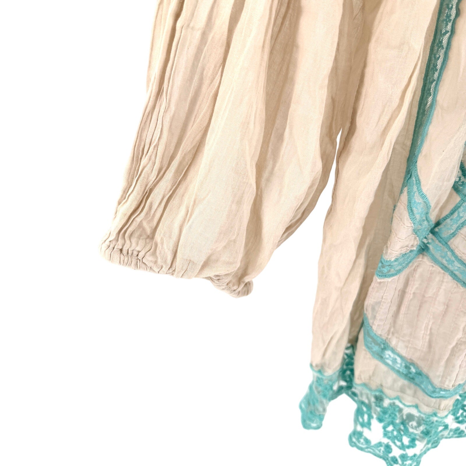 Antica Sartoria Beige Teal 100% Cotton Embroidered Lace Tunic Top