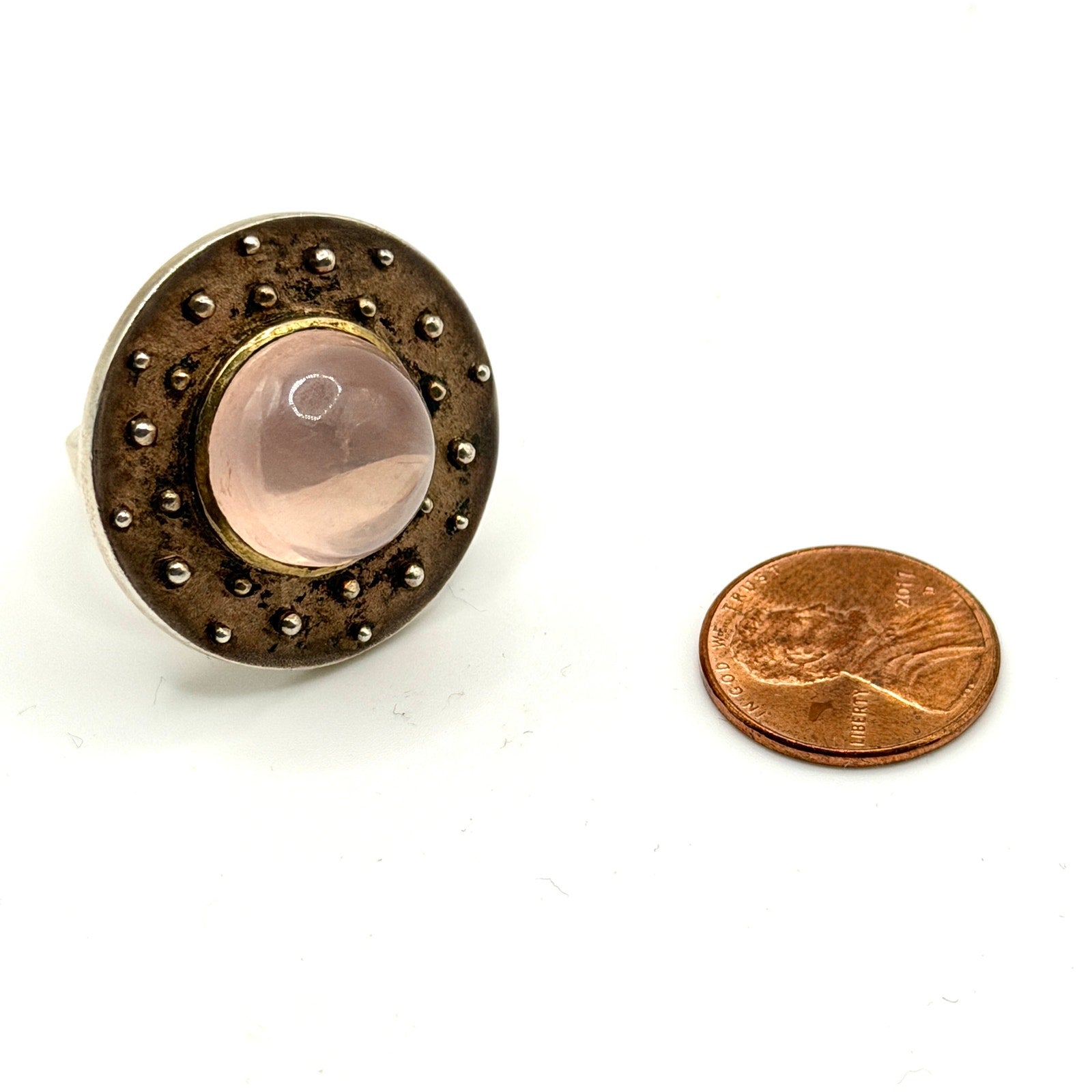 Vintage 90s Sterling Silver Pink Rose Quartz Dot Shield Statement Ring