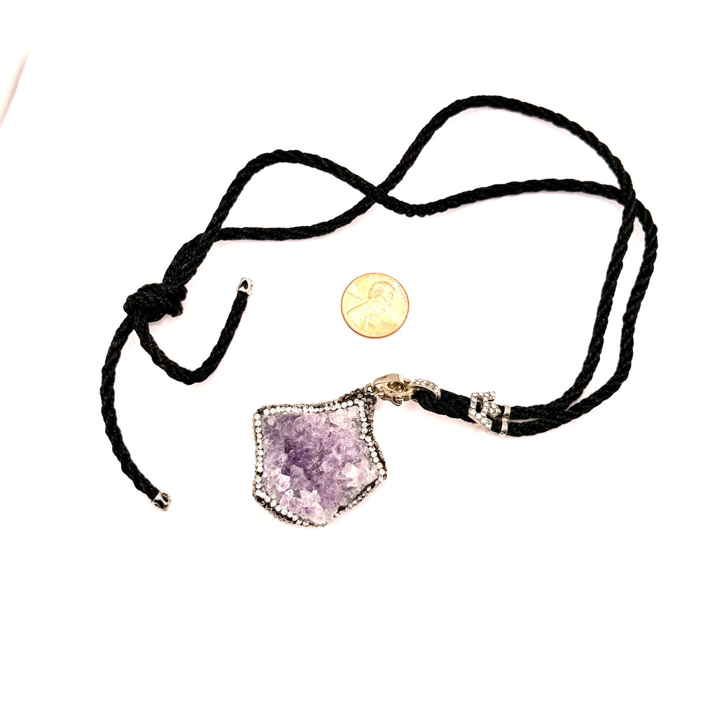 Vintage Y2K Amethyst Geode Crystal Pave Shield Necklace