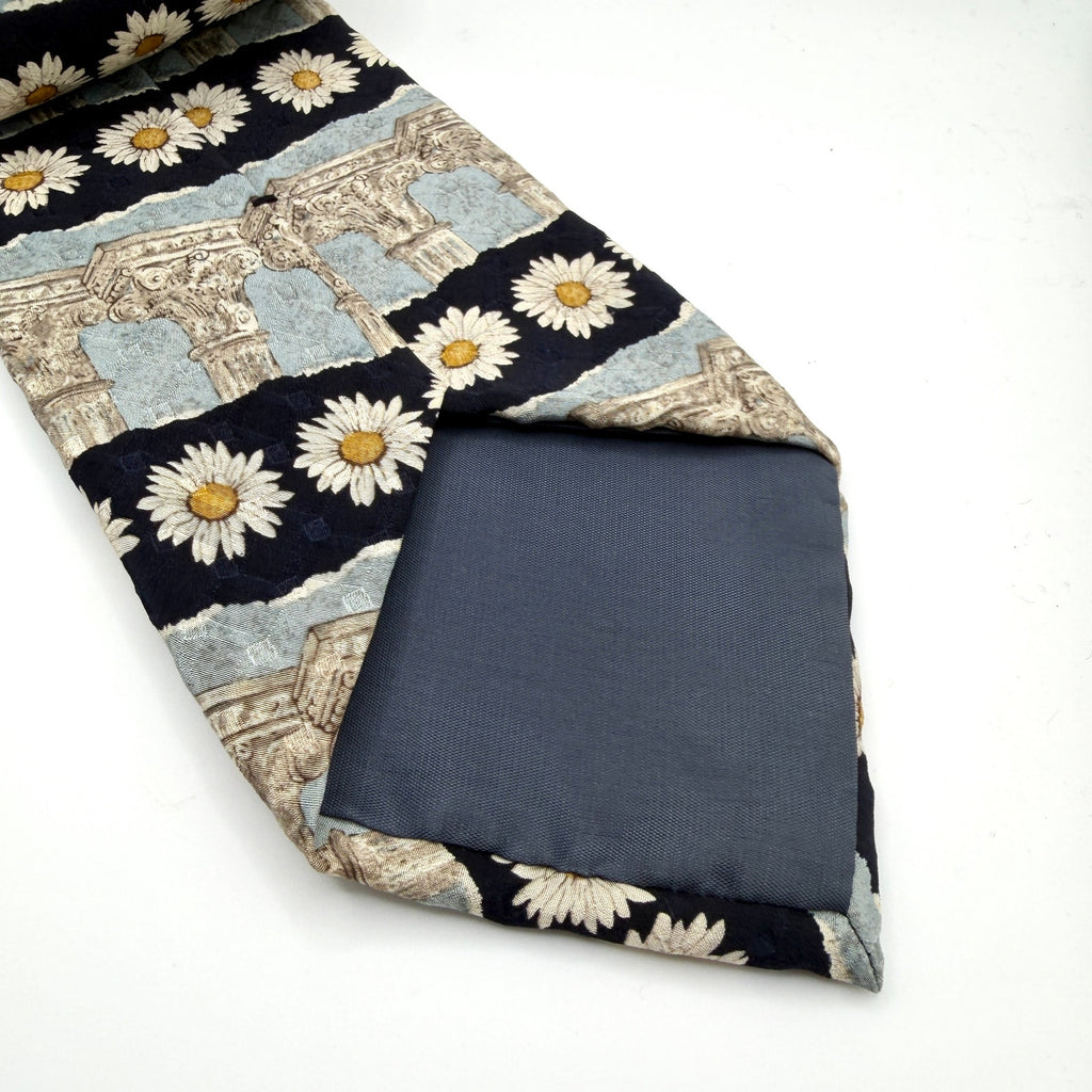 Vintage 90s Structure Blue Silk Architectural Column Daisy Necktie