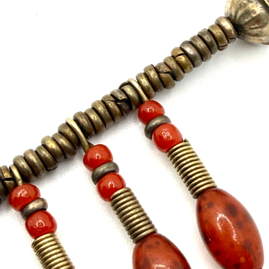 Vintage Afrobohemian Brass Orange Glass Fringed Tribal Drop Necklace