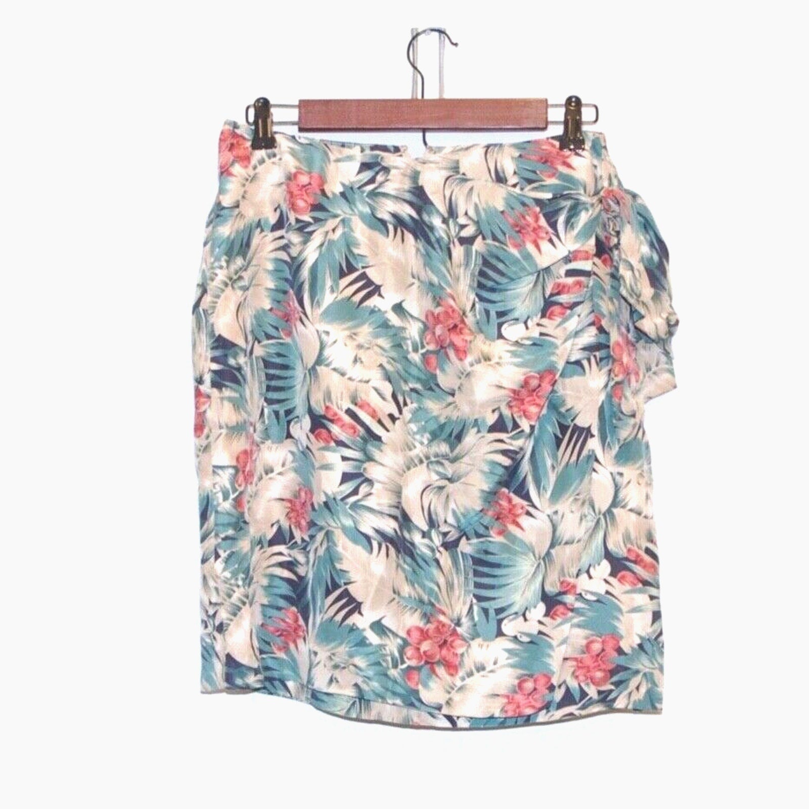 Vintage 90s Valerie Stevens Green 100% Silk Tropical Tie Front Wrap Mini Skirt