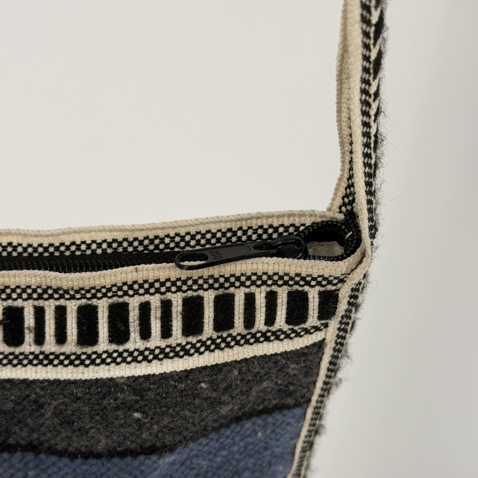 Vintage 90s Indigo Blue 100% Wool Boho Woven Fish Motif Shoulder Bag