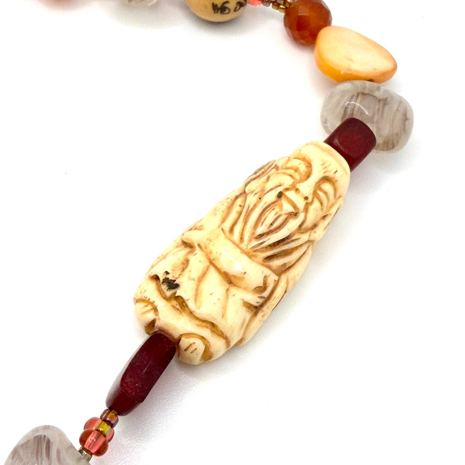 Vintage 90s Chinoiserie Red Jade Panther Carved Immortal Carnelian Necklace