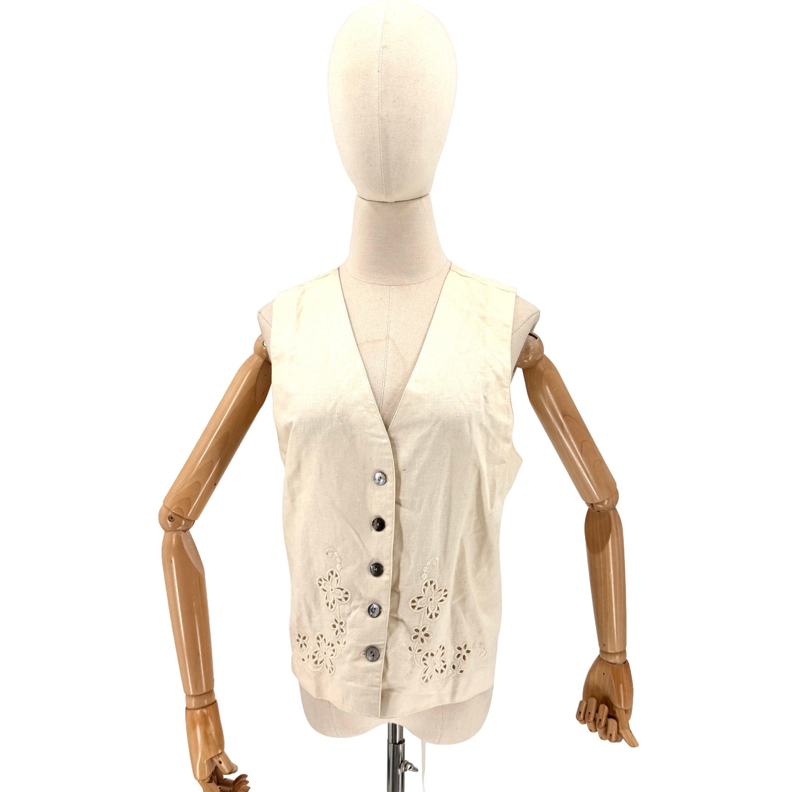 Vintage 90s Bushwacker Cream Linen Cotton Minimalist Eyelet Lace Back Vest