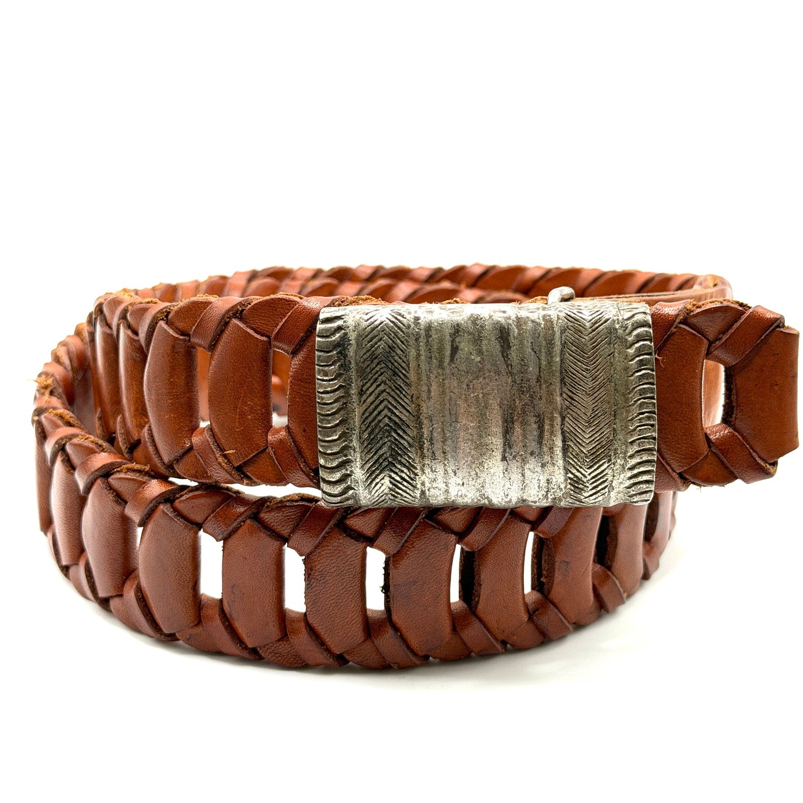 Vintage 90s Brown Genuine Leather Tribal Southwestern Heavy Cast Buckle Belt