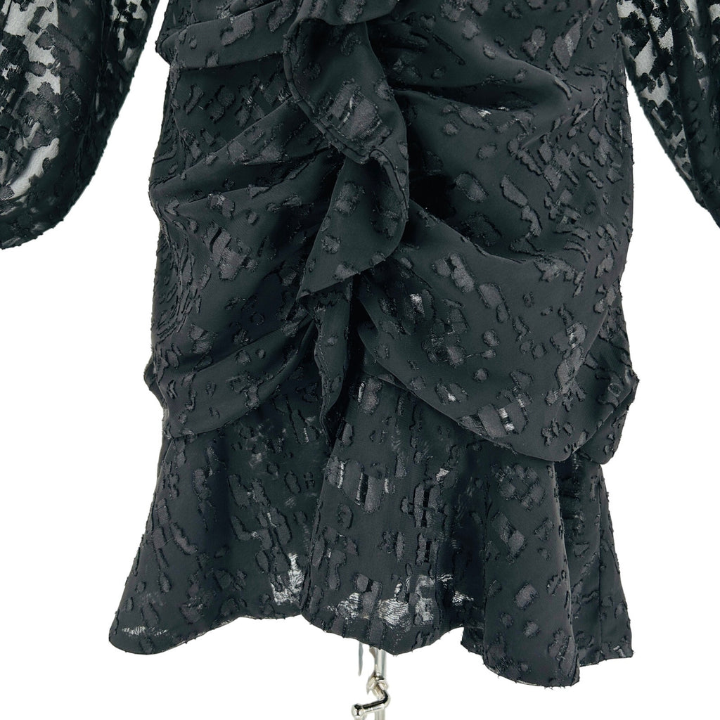 ASTR The Label Black Ruched Burnout Chiffon Cascading Ruffle Mini Dress