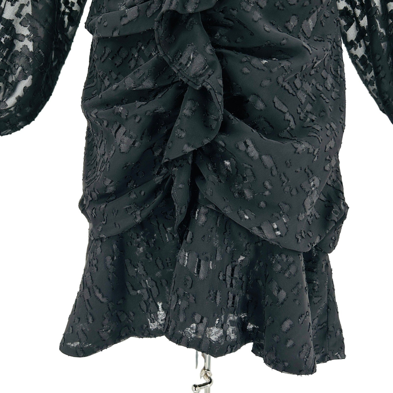 ASTR The Label Black Ruched Burnout Chiffon Cascading Ruffle Mini Dress