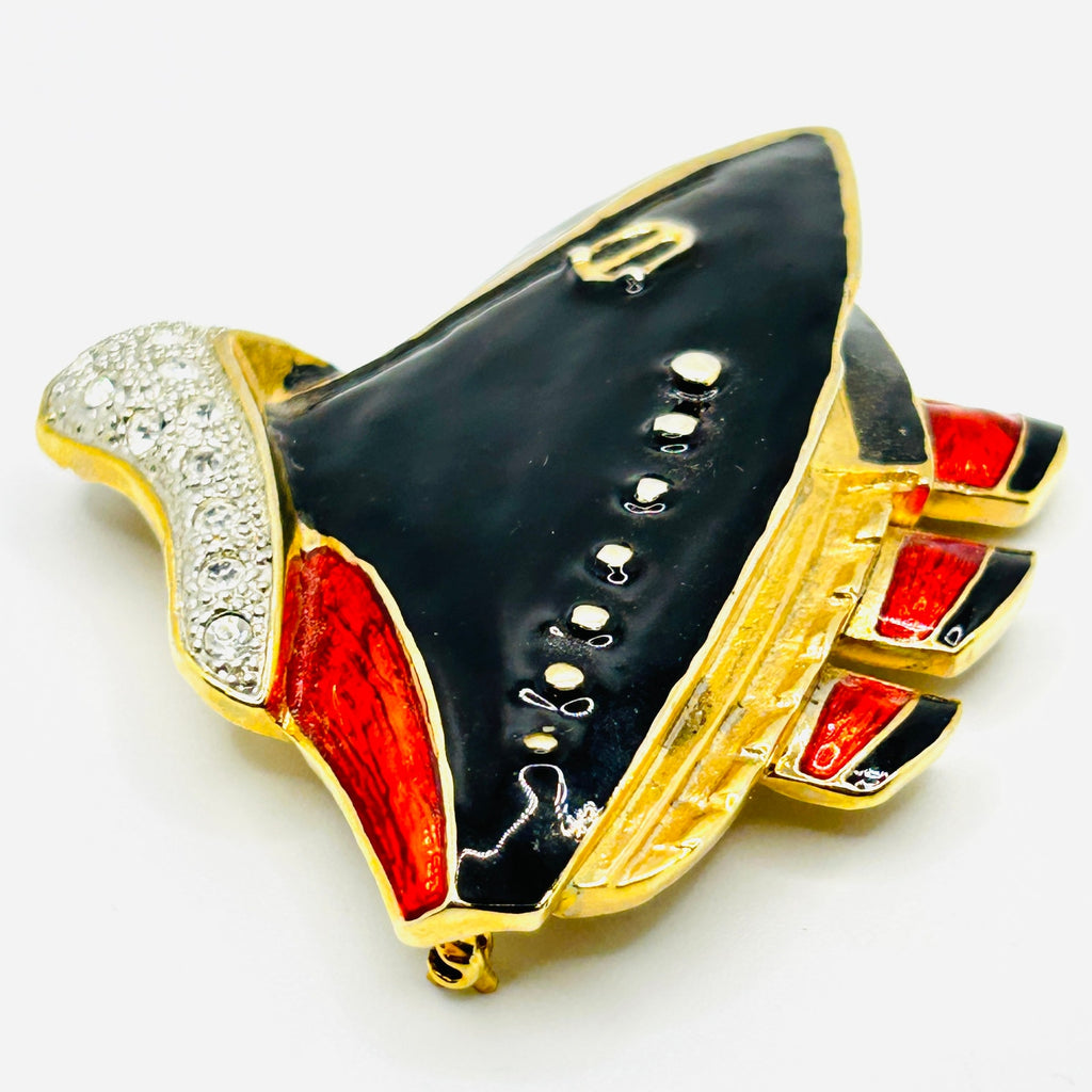 Vintage 80s/90s Gold Enamel Black Red Nautical Rhinestone Cruise Ship Brooch Pin
