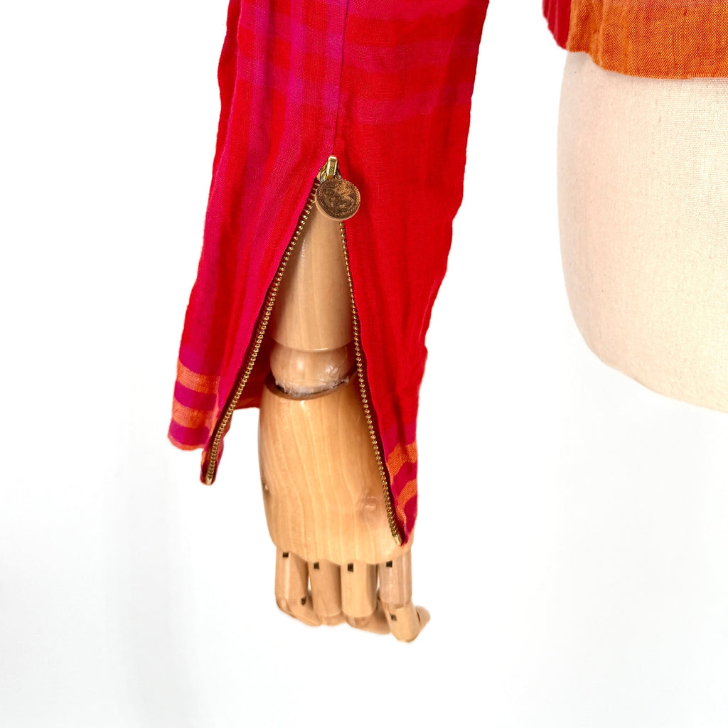 Vintage 90s Christian Lacroix Red Yellow Plaid 100% Linen Crop Jacket