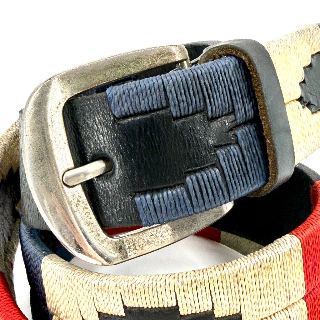 Vintage 90s Black Genuine Leather Aztec Red Blue Stitch Geometric Buckle Belt